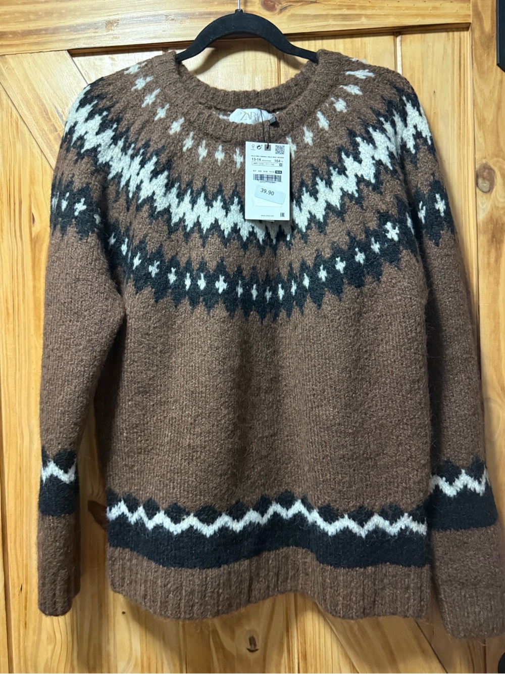 Zara Brown Crewneck Nordic Pattern Sweater